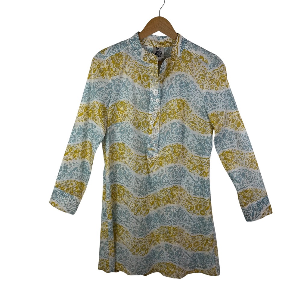 Ivy Jane Yellow Blue Floral Paisley Tunic Top Mini Dress Small Coastal Cottage